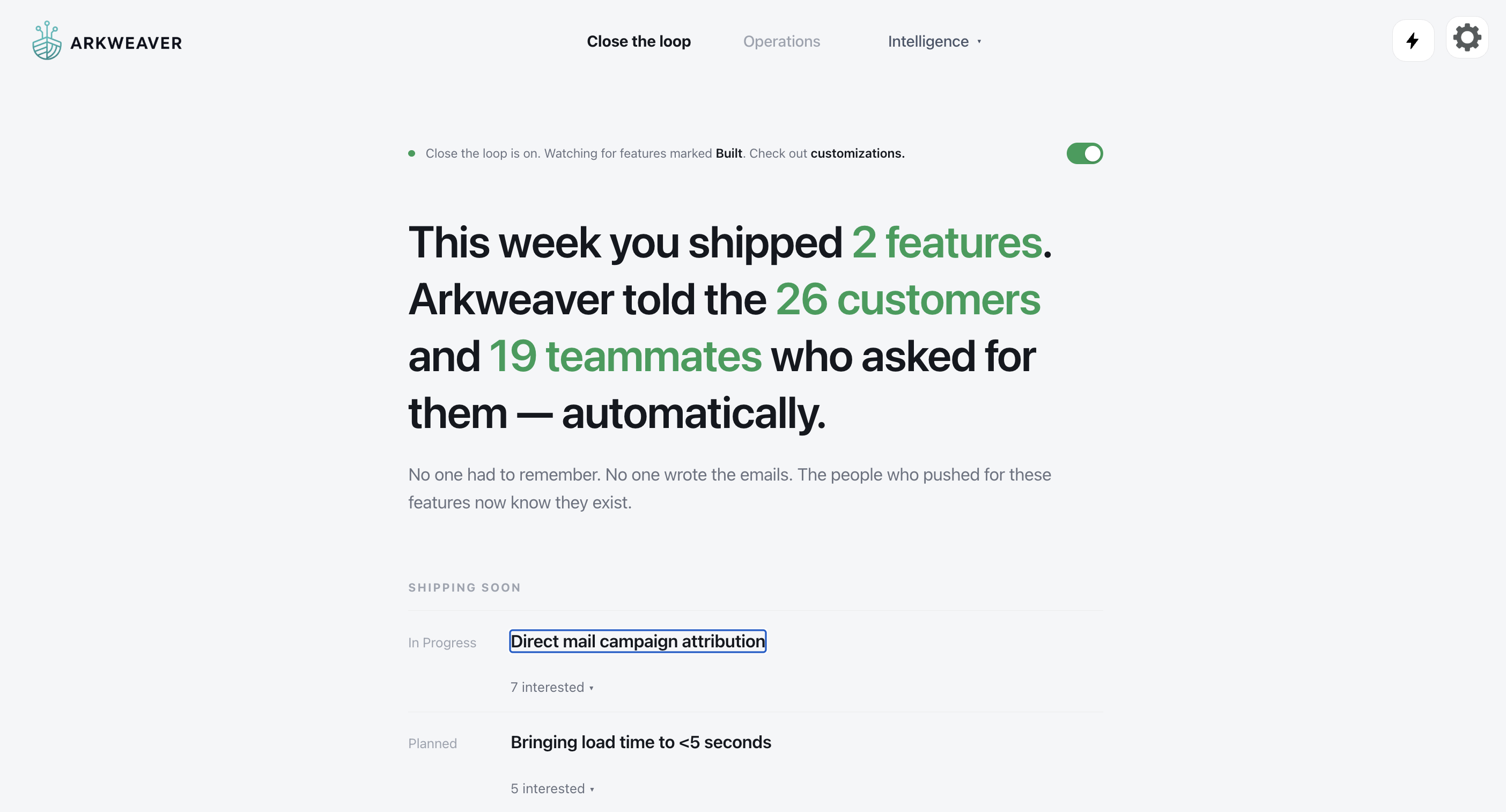 Arkweaver app showing weekly feature ship summary and customer notifications