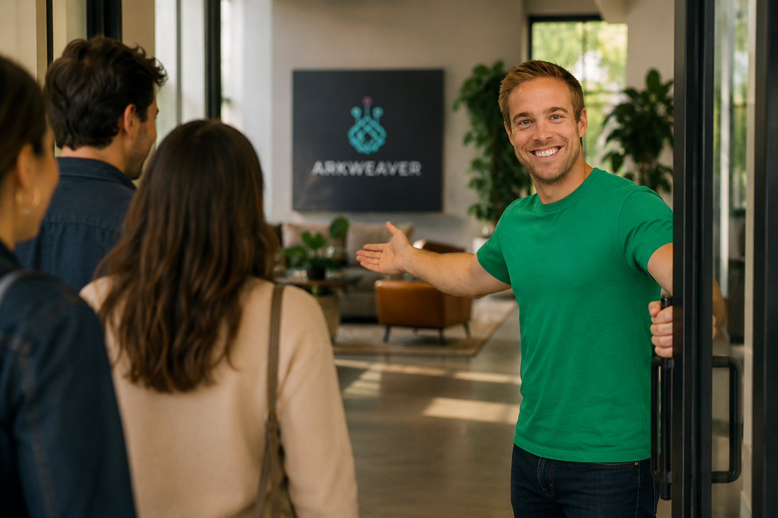 An Arkweaver team member holding the door open, welcoming a group into the office